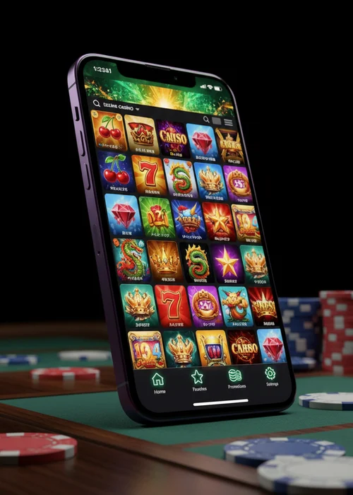 Ein Spieler genießt die Slot-Vielfalt im Talisman Casino, mit einem Willkommensbonus-Banner und schnellen Krypto-Auszahlungen im Hintergrund, symbolisierend das moderne Spielerlebnis.